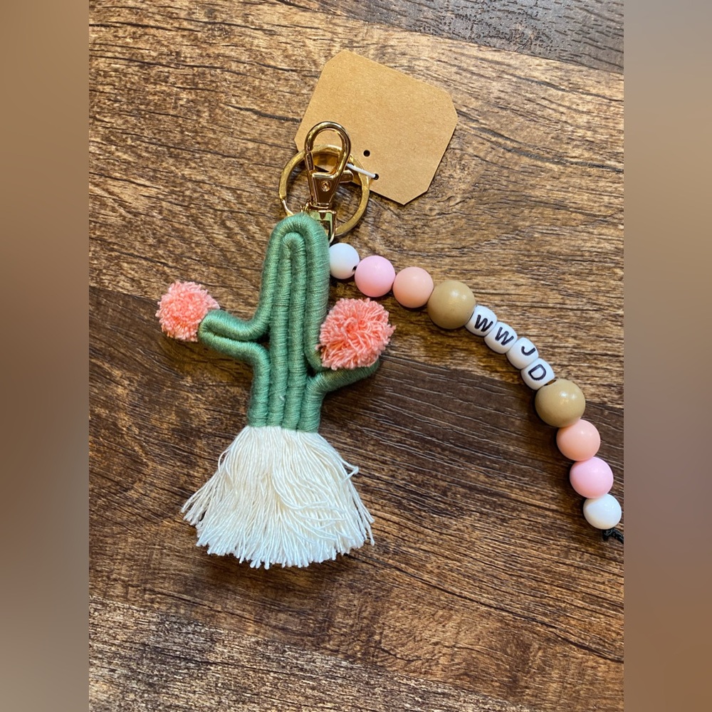 •Handmade• Cactus and macrame beaded keychain •WWJD•